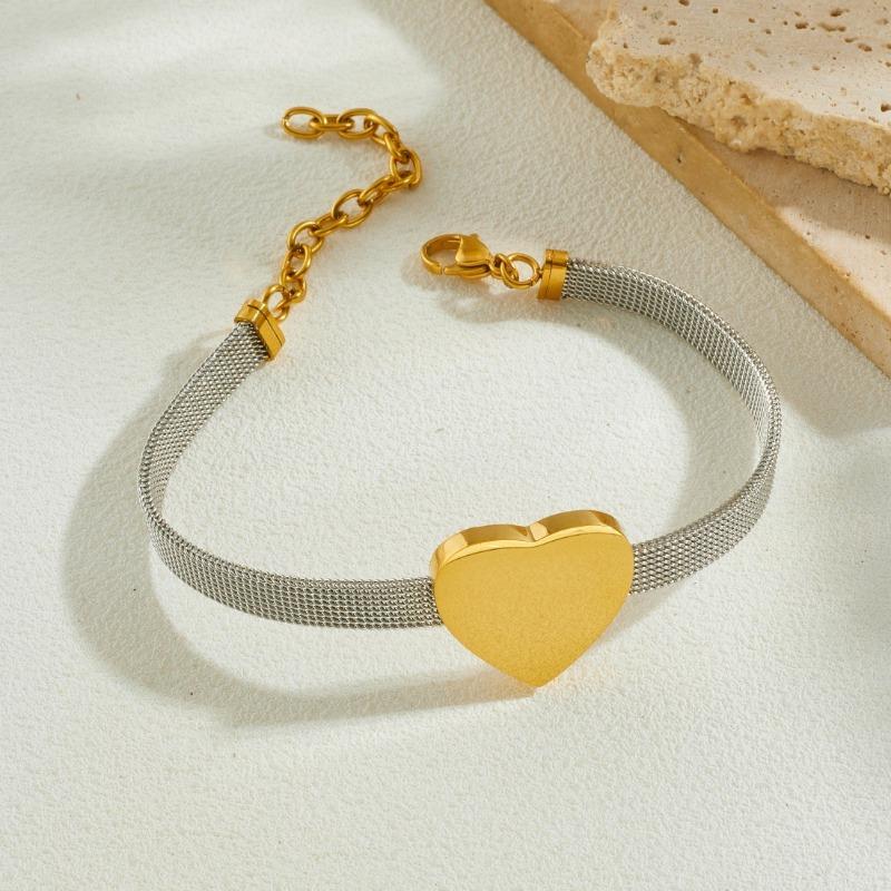 Two-tone Mesh Band Gold Heart Charm Bracelet for Women
