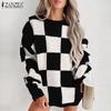 ZANZEA Womens Sweater Long Sleeve Plaid Casual Knitted Jumper Pullovers
