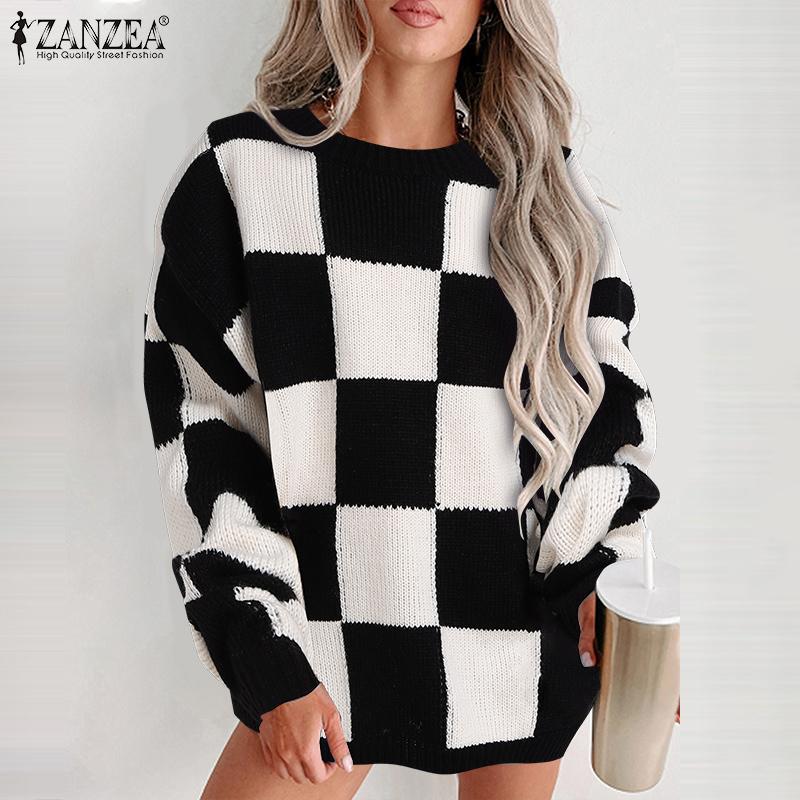 ZANZEA Женский свитер с длинным рукавом, клетчатый, повседневный, вязаный джемпер, пуловеры M
