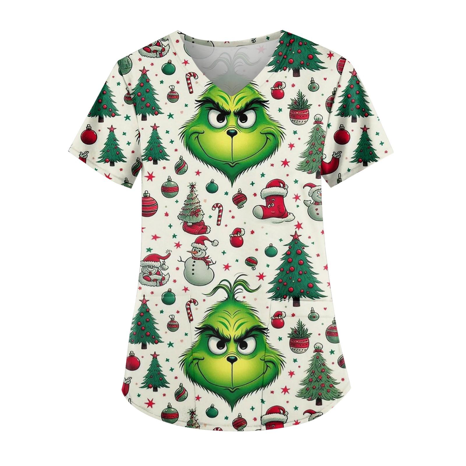 

Робоча уніформа з принтом великого розміру Топи для жінок з хрестовим V-подібним вирізом і короткими рукавами Веселі футболки Робочий одяг Футболка з кишенями XXXXL