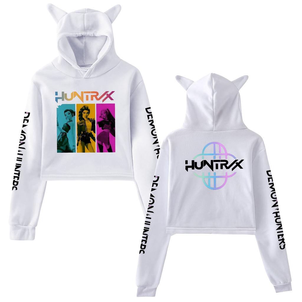 Kpop Demon Hunters Crop Tops Cat Ears 2 Sided Long Sleeve Crop Tops Girls Fashion Hoodie