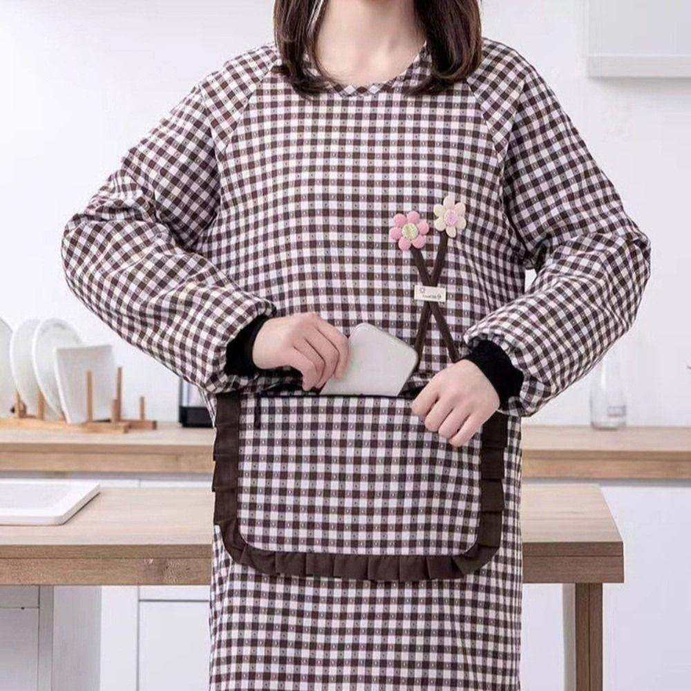 Waterproof Long-sleeved Apron Plaid Design Dishwashing Cleaning Apron Garden