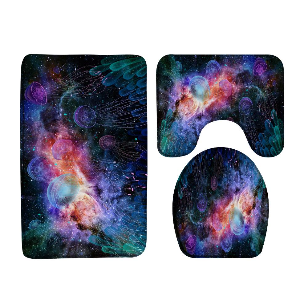 Dream Starry Sky Ocean Jellyfish Bathroom Waterproof Shower Curtain Set with 12 Hooks Bath Non-Slip Mat Rugs Toilet Seat Cover