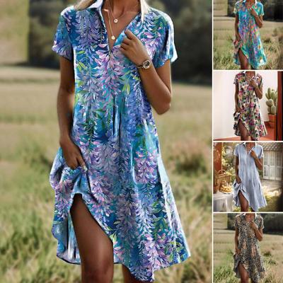 Dames Boho Bloemenjurk Zomer Casual V-hals Korte Mouw Midi-jurk Strandvakantie Losse A-lijn Zomerjurk