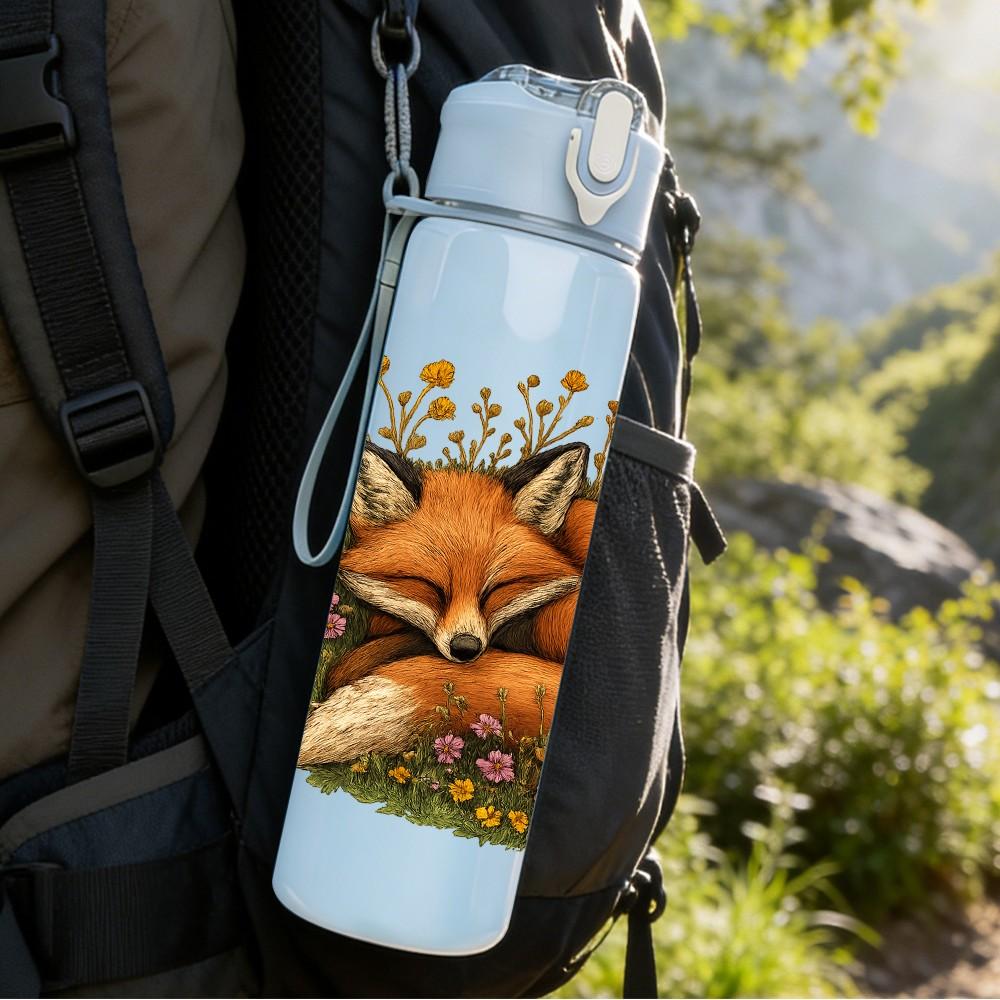 1PC Wild Flower Sleeping Fox 750ml Color Plastic Sports Water Bottle Leakproof Flip Straw Lid Suitable for Sports Office Home Use