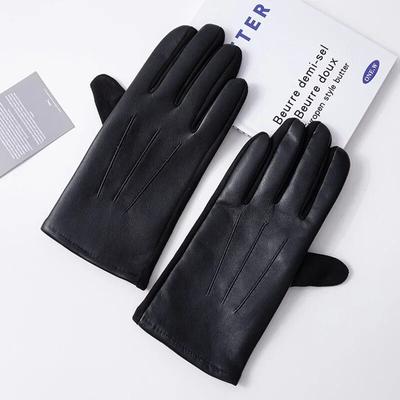 Fashion Winter Gloves Men Business Black PU Leather Warm Outdoor Windproof Touch Screen Male Mittens For Driving Motorcycle