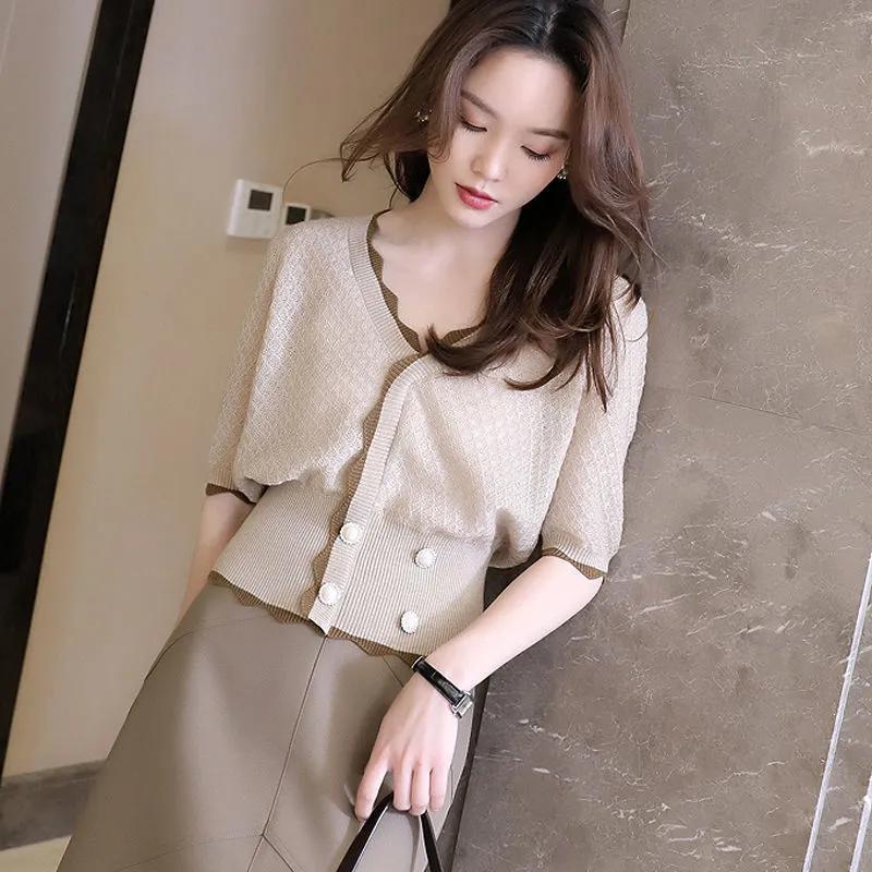 

Женский летний тонкий трикотаж со средними рукавами Temperament, элегантный и красивый тонкий топ XXS хаки