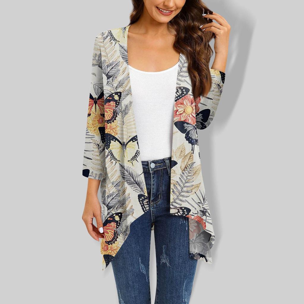 Women's Gradient Print Irregular Three-quarter Sleeve Cardigan With Pocket Jacket