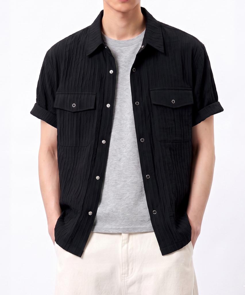 UNDEROFF [Set] Roll-Up Sleeve Crop Short Sleeve & Wrinkle Crop Pocket Short Sleeve Shirt