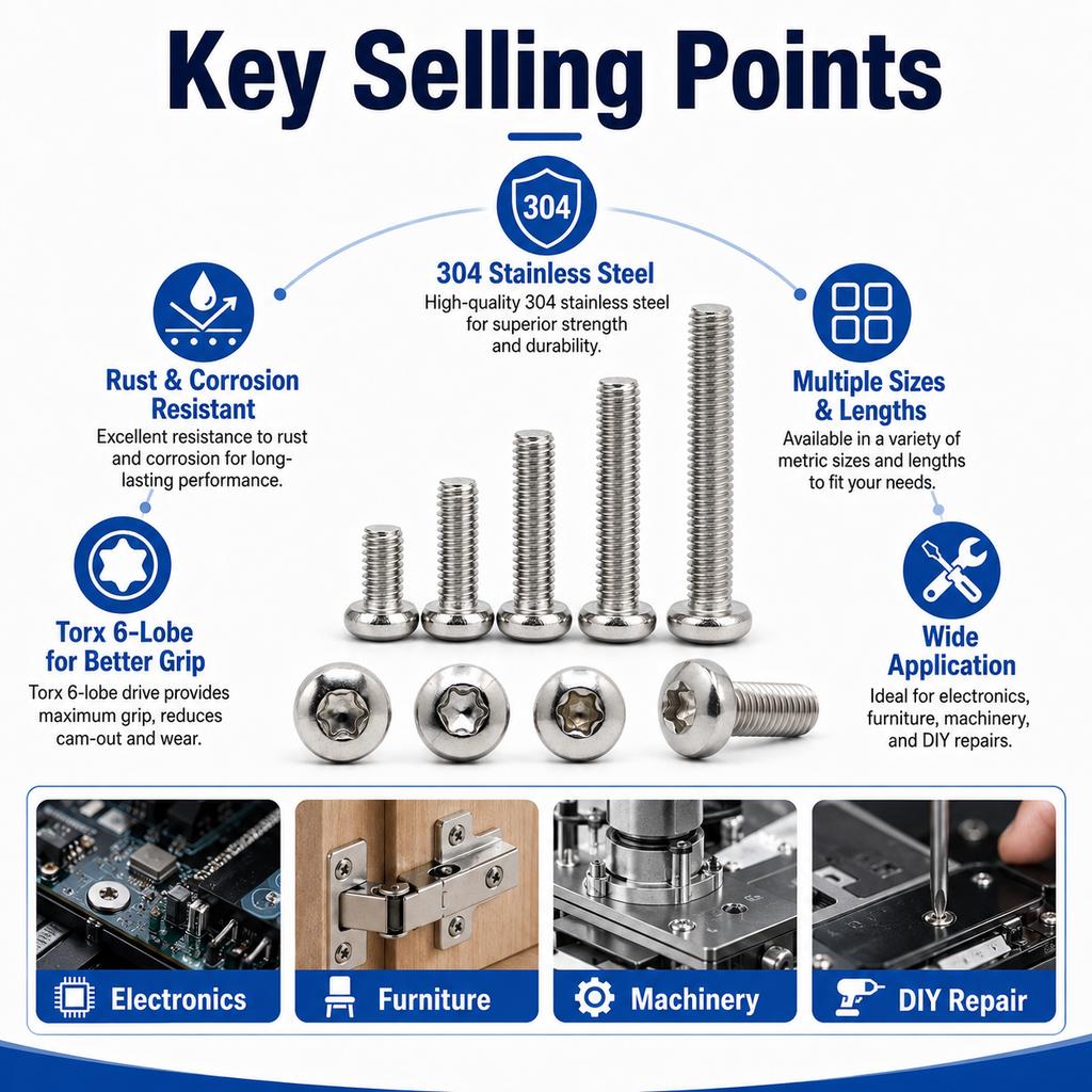 5-100Pcs M2-M8 304 Stainless Steel Six-Point Drive Round Head Screws Plum Blossom Bolts Rustproof Fasteners Assortment for Durab