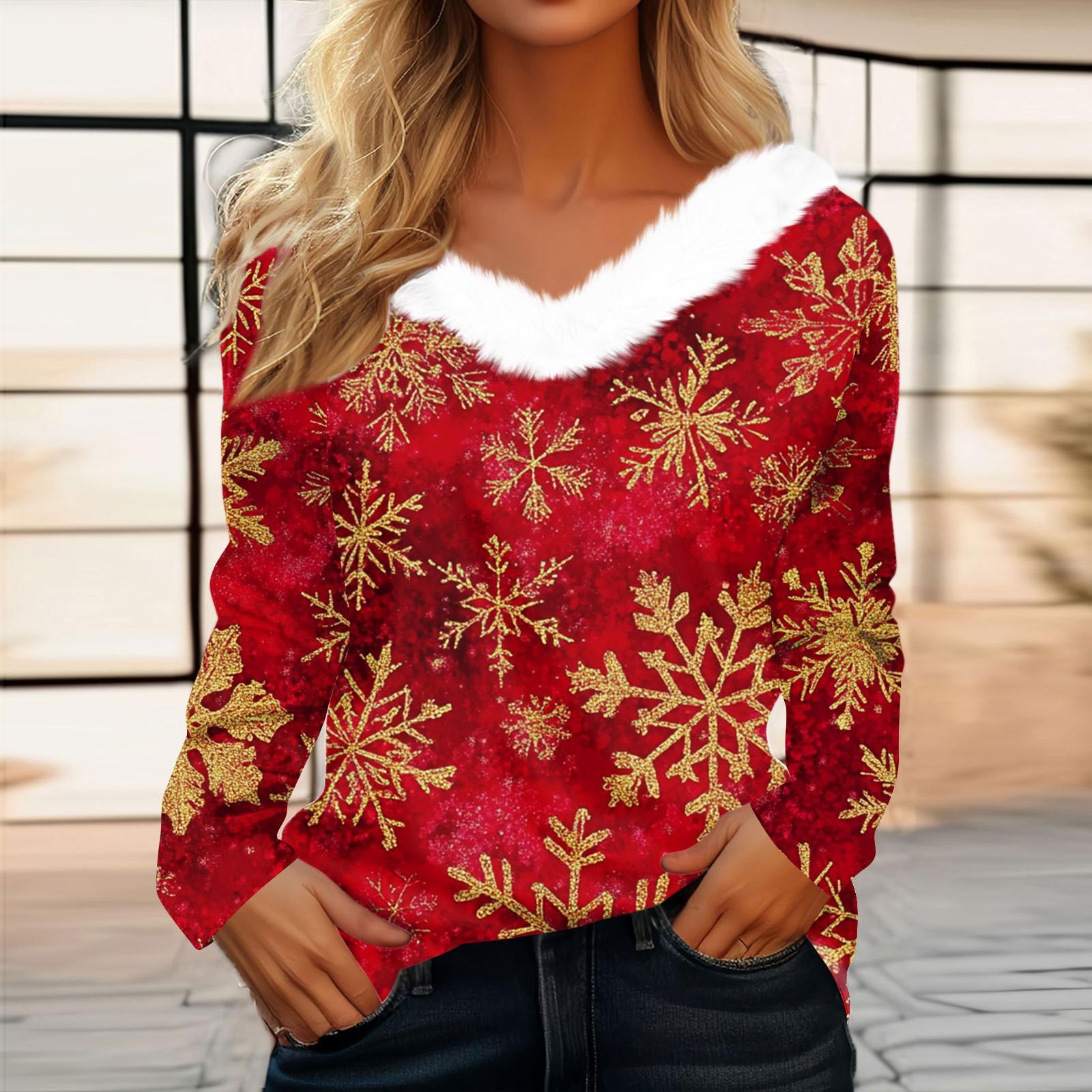

Женская футболка, рождественская рубашка с длинным рукавом, вечерние, рождественский флисовый воротник, топ с v-образным вырезом S золотой