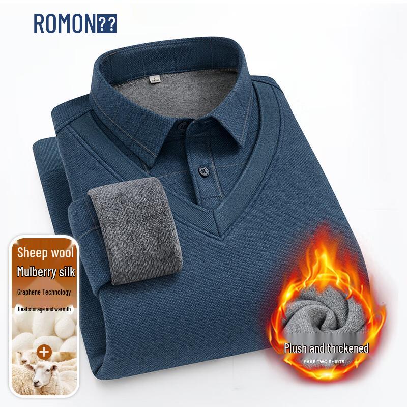 ROMON Men's Fleece Lined Faux Two-Piece Knit Sweater