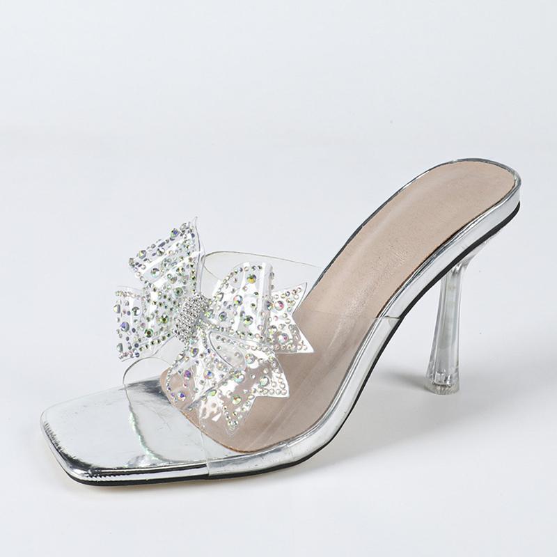 PVC Transparent Slippers For Woman Crystal Rhinestone Bowknot High Heels Clear Sandals Fashion Square Toe Party Prom Shoes