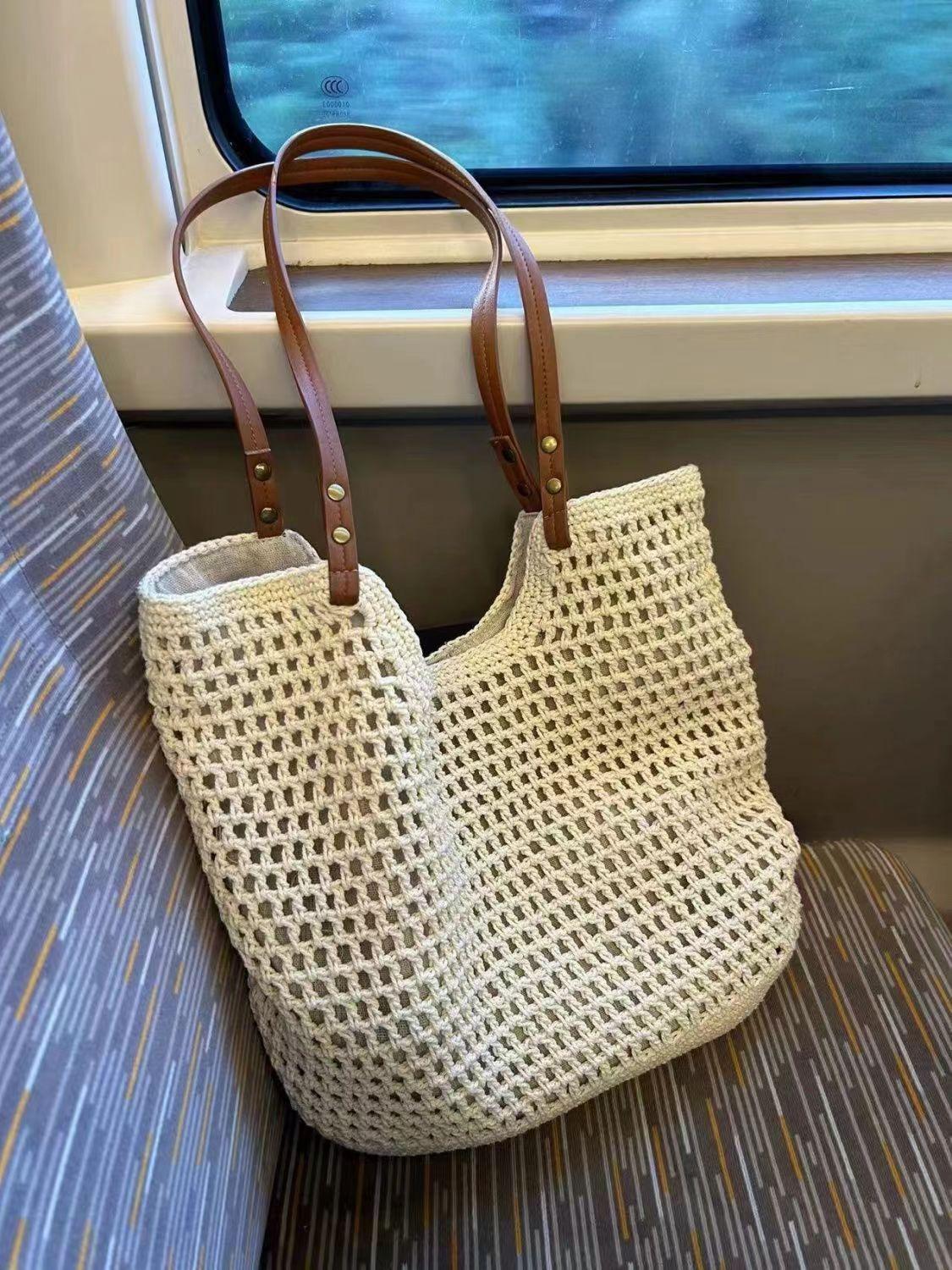 Leisure Large Capacity Single Shoulder Cotton Thread Woven Bag, New Hollow Mesh Tote Bag, Beach Vacation Beach Bag, Women s Bag large