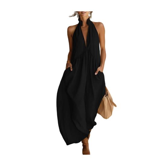 Maxikleid für Damen Lässig Locker V-Ausschnitt Ärmellos Boho Langkleid Strandurlaub Fließendes Sommerkleid mit Taschen