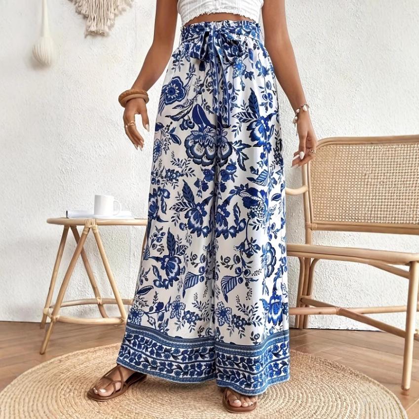 Womens Summer High Waist Printed Lace Up Wide Leg Loose Casual Long Pants S