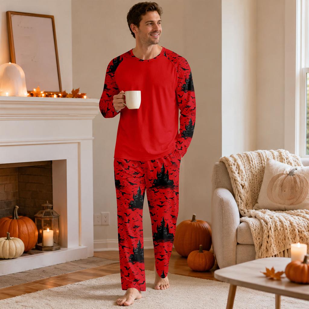 Men's Halloween Pajama Set with Long Sleeve Round Neck Top and Pants for Comfortable Sleep