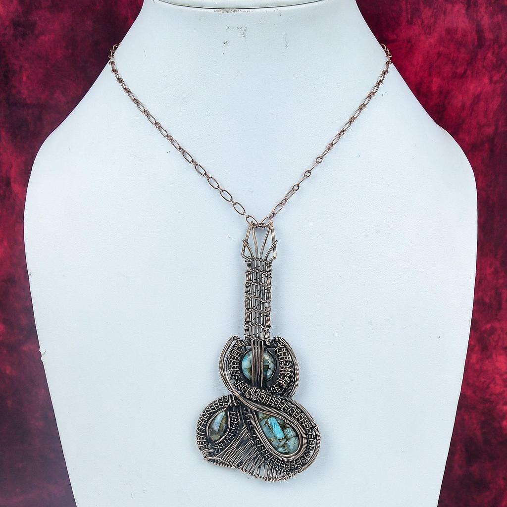 Copper Amazonite Gemstone Pendant Handmade Copper Wire Wrapped Guitar Pendant