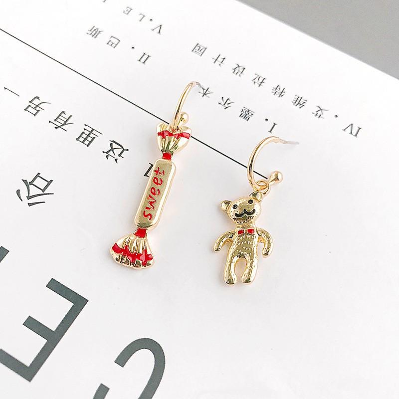 Asymetrické náušnice s Malým medvídkem a bonbónem Unisex s925 Stříbro - Vánoční edice