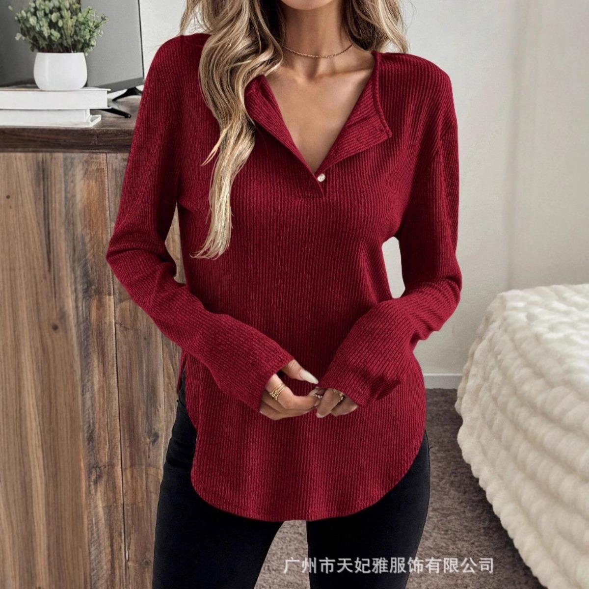 

Весенне-осенняя футболка с длинным рукавом, модная однотонная женская футболка с длинным рукавом и V-образным вырезом S бордовый