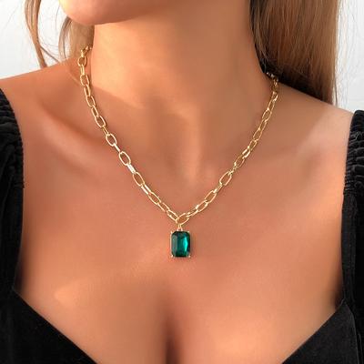 Women European New Necklace Simple Chain Square Rhinestone Jewelry Geometric All Match Single Layer Clavicle Necklace Jewelry