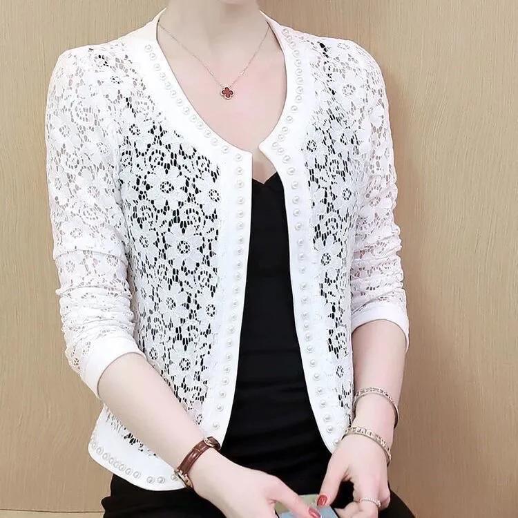Women's Summer Short Lace Thin Jacket Solid Color Knit Elegant Sunscreen Tops