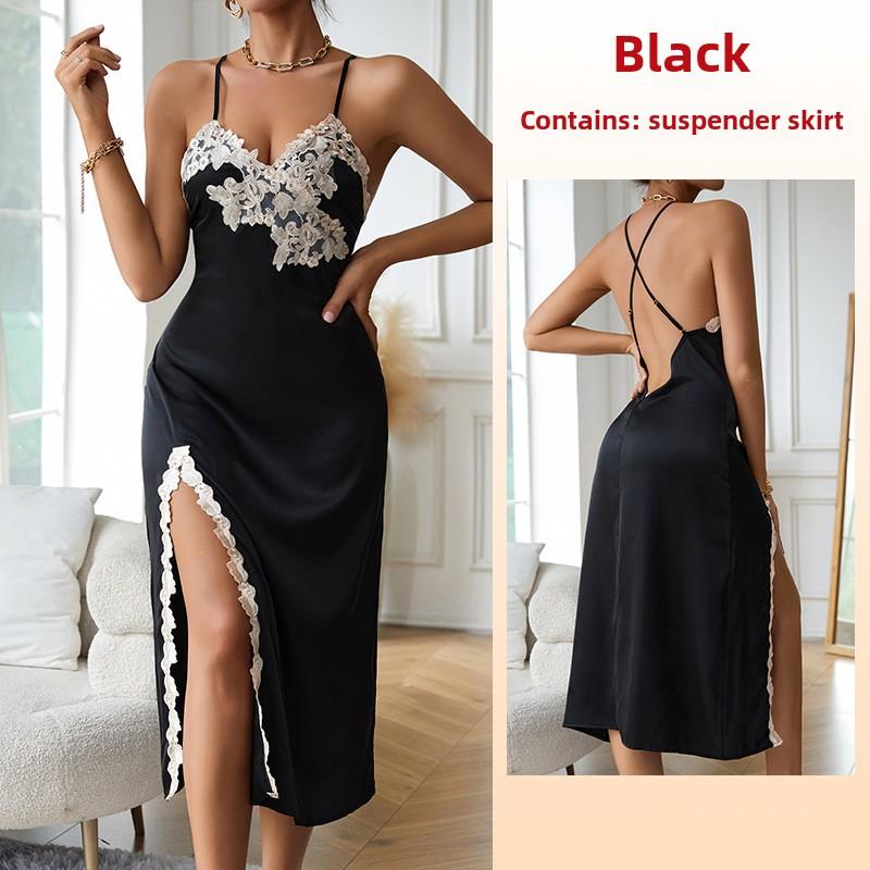 Simulationsseiden-Pyjama Spitze Sexy V-Ausschnitt Langer Schlitz Träger-Pyjama Pyjama Loungewear