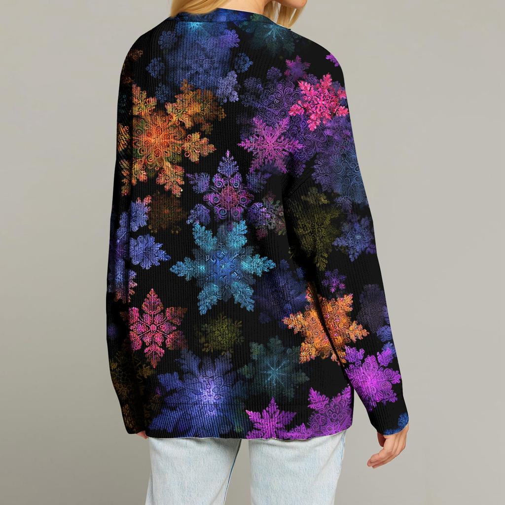 Women's Fashion Long Sleeve Print V-Neck Button Loose Cardigan Top