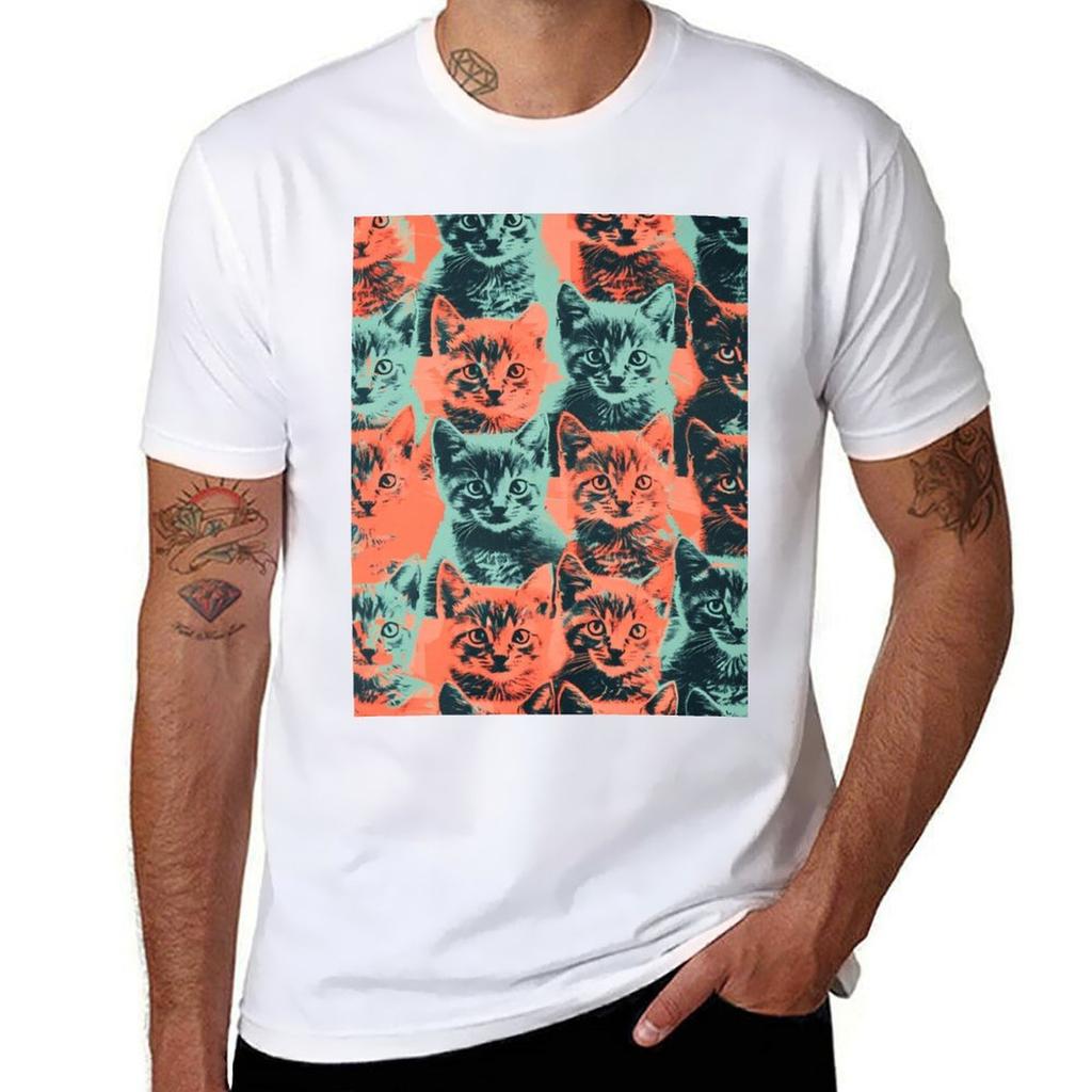 Adorable Vintage Pattern Art Cats Kittens Funny Tshirt Plus Size Summer Short Sleeve Tshirt