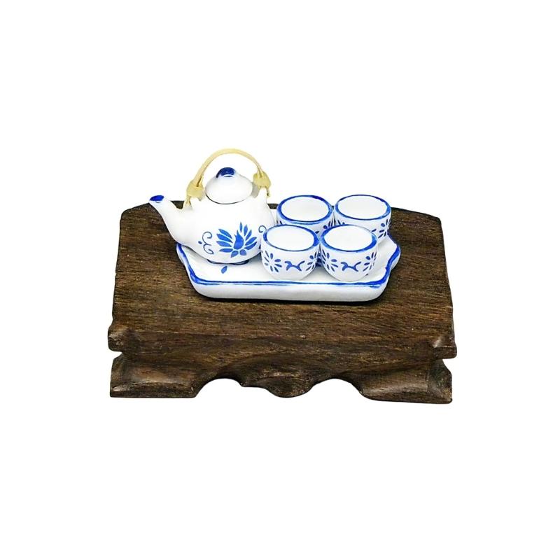 

Miniature Teaware Set Model For Children And Collectors With Blue White Porcelain Teapot Cup Tray Doll House Furniture