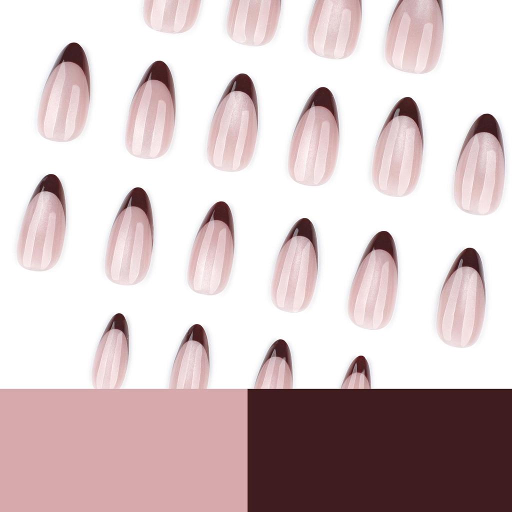 Brown French Cat Eye Glitter Short Almond False Nails - Autumn Winter Collection