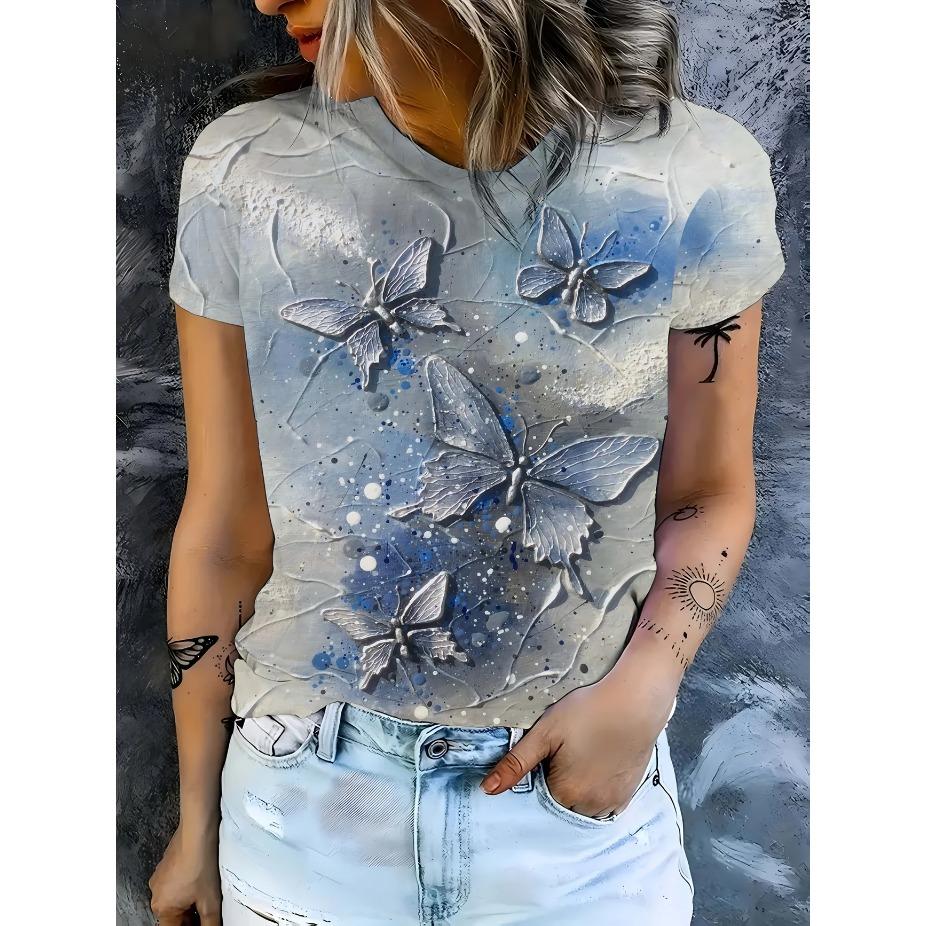 

Футболка с 3D-дизайном бабочки, повседневный топ с коротким рукавом, подходит для весны и лета, женские футболки XL синий