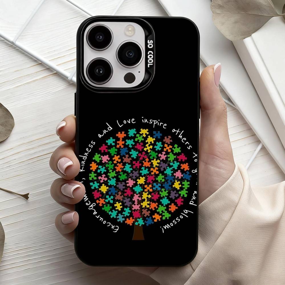 Puzzle Art Support Autism Phone Case For iPhone17,16,15,14,13,12,11 Plus,Pro Max Candy Silver Plated Inside Cover