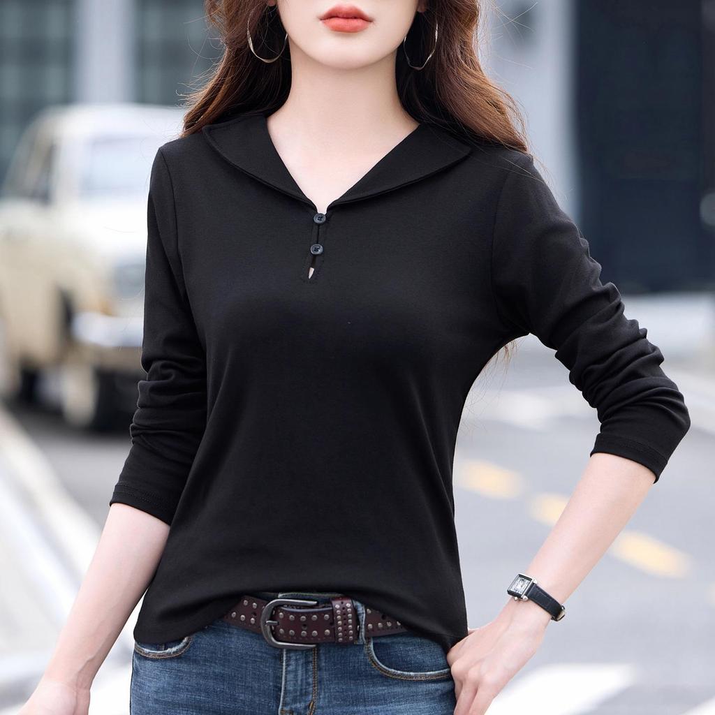 Women's Slimming Long Sleeve Turn-Down Collar T-Shirt - New Autumn Versatile Fashion Top 2025