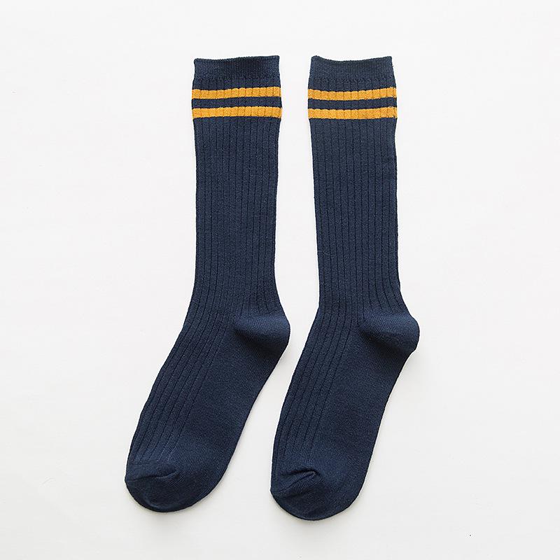 Women's Striped Double Needle Pile Socks: Pure Color, Long Cotton for Autumn/Winter, Trendy & Stylish.
