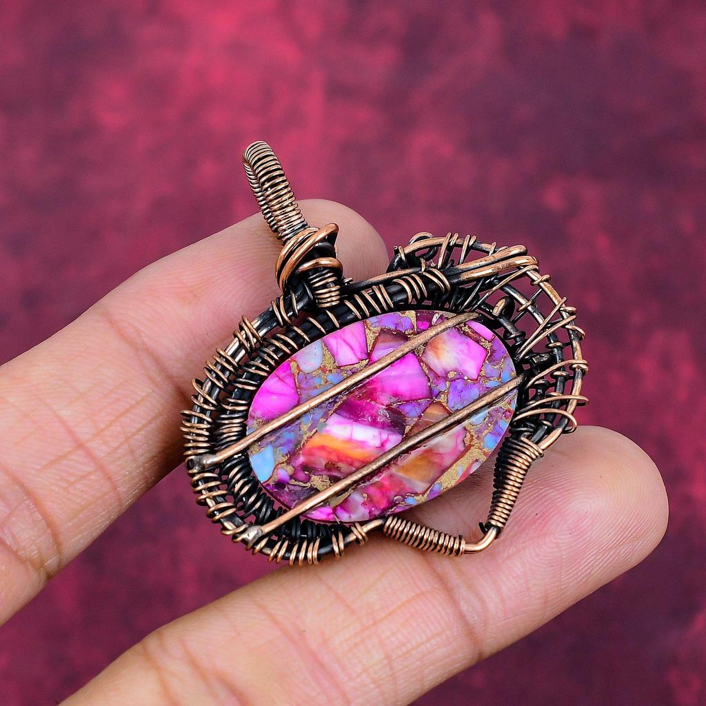Natural Kingman Pink Dahlia Turquoise Pendant Copper Wire Wrapped Unique Jewelry