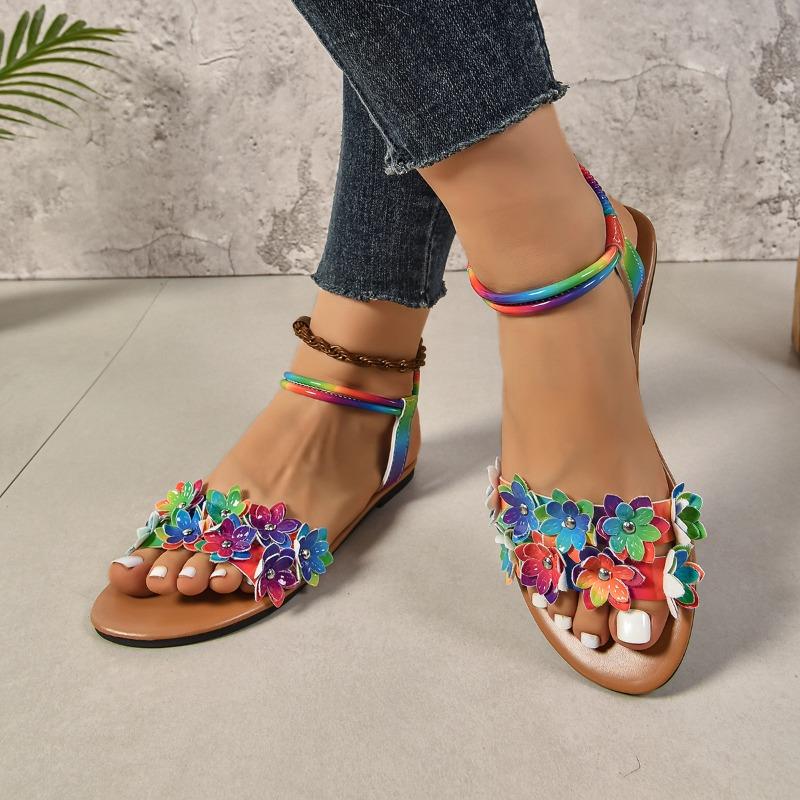 Fashion Plus Size Flat Sandals Spring Summer New Round Toe Open Toe Colorful Flower Studded Soft Sole Non-Slip Roman Shoes