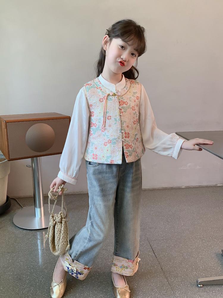 2025 Nowy Hanfu dla Dziewczynek: Modny Słodki Nadruk Chiński Trzyczęściowy Zestaw