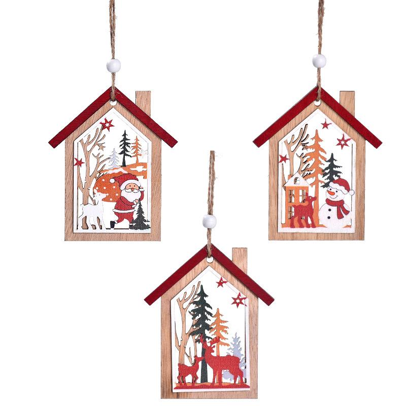 Christmas Decoration, Christmas Tree, Old Man, Snowman, Deer, Wooden, Hollow Out, House Pendant, Wooden, Printed Christmas Tree Pendant