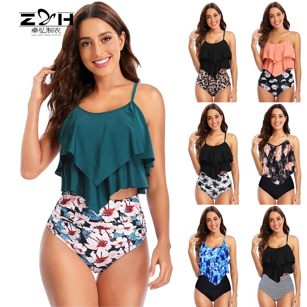 Damen Rüschen Volant Oberteil Hohe Taille Bikini Set Zweiteilig Bauchkontrolle Dezent Bedruckt Sommer Strand Badeanzug Bademode