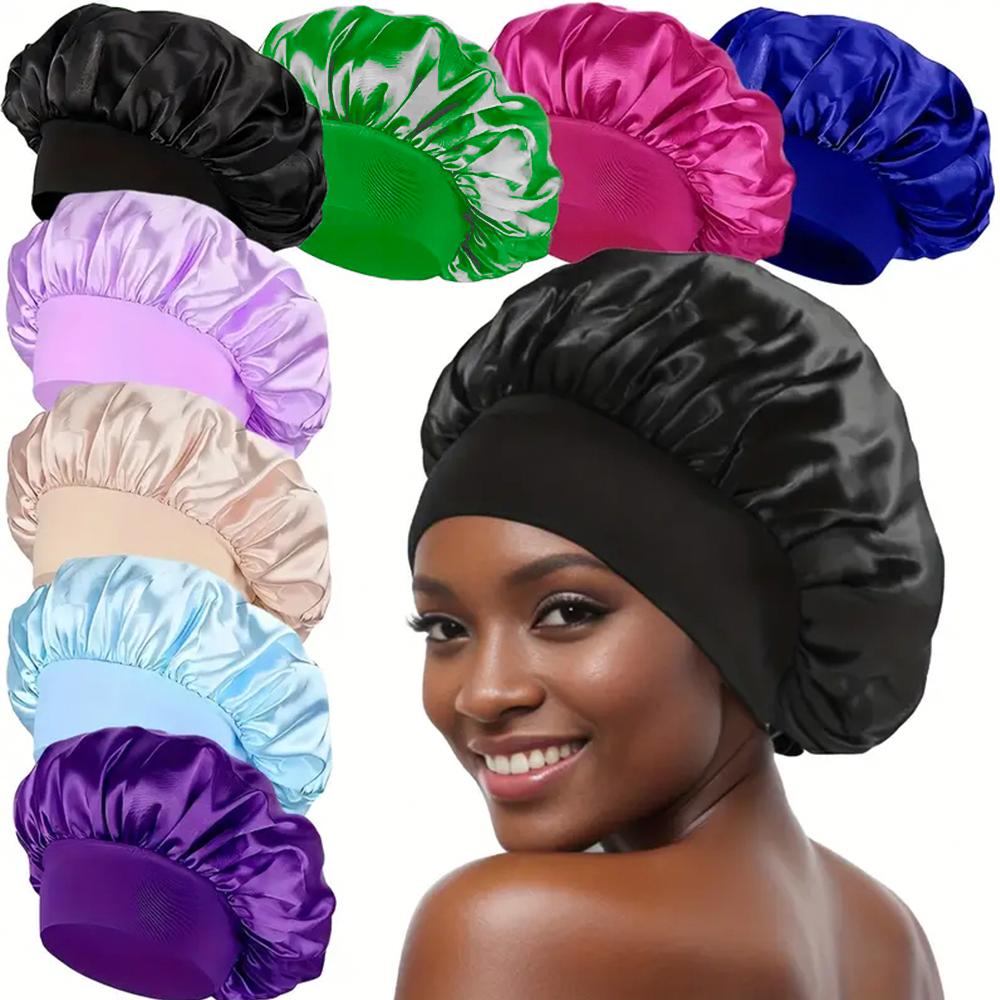 8pcs Silky Satin Bonnet Reusable Elastic Wide Band Shower Cap Sleep Cap Hair Protection Cap For Women Curly Hair Natural Hair