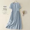 Womens Cotton Linen Dress Short Sleeve Round Neck Midi Dress