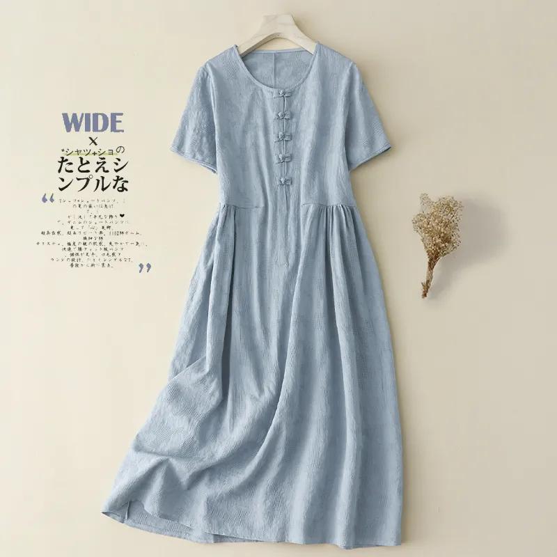 Womens Cotton Linen Dress Short Sleeve Round Neck Midi Dress M