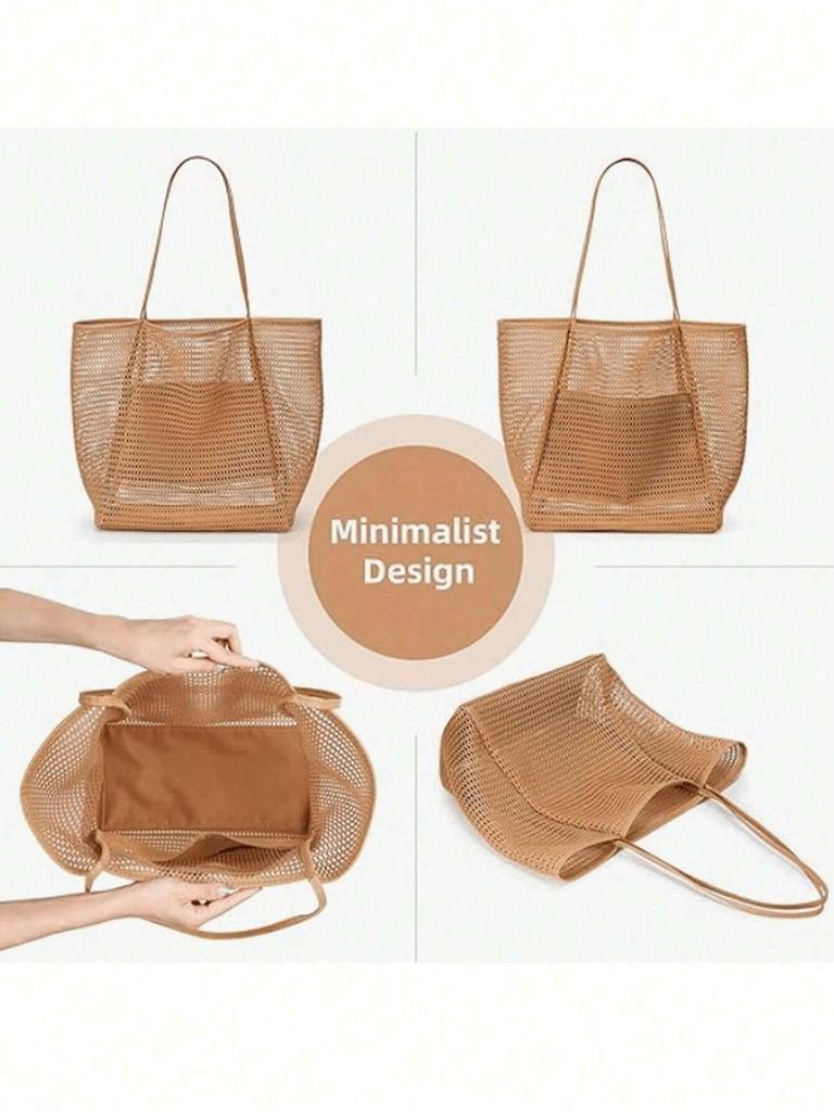 1pc Mesh Tote Bag, Cosmetic Bag, Casual Handbag, Foldable Women's Shoulder Bag For Picnic, Waterproof, Foldable, Essential Bag