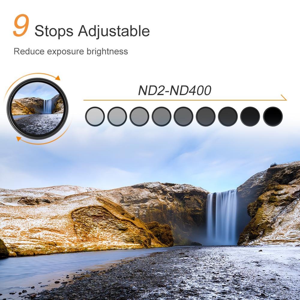 K&F CONCEPT 37-82mm ND2 To ND400 Adjustable Neutral Density Variable ND Camera Lenses Filter Cloth 49mm 52mm 58mm 62mm 67mm 77mm