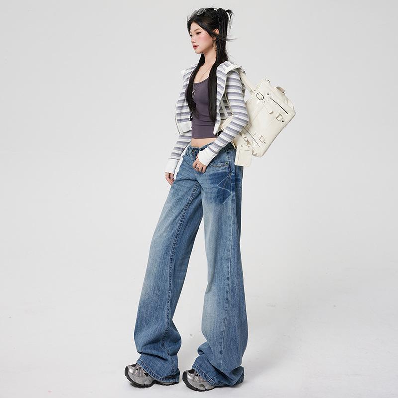 Women's Retro Micro-Flare Jeans - New Autumn Arrival, American-Style, Non-Stick, Loose, Draping, Wide-Leg Pants
