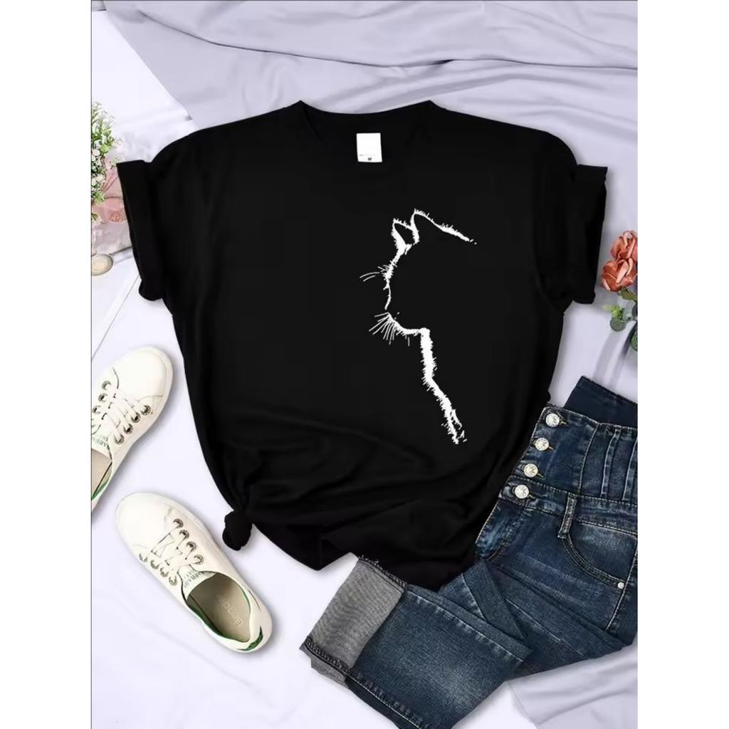 Simple Strokes Of Cat Funny Printed Women T-Shirt Fashion Casual Short Sleeve O-Neck Personality Street Tee Clothing Summer Tops