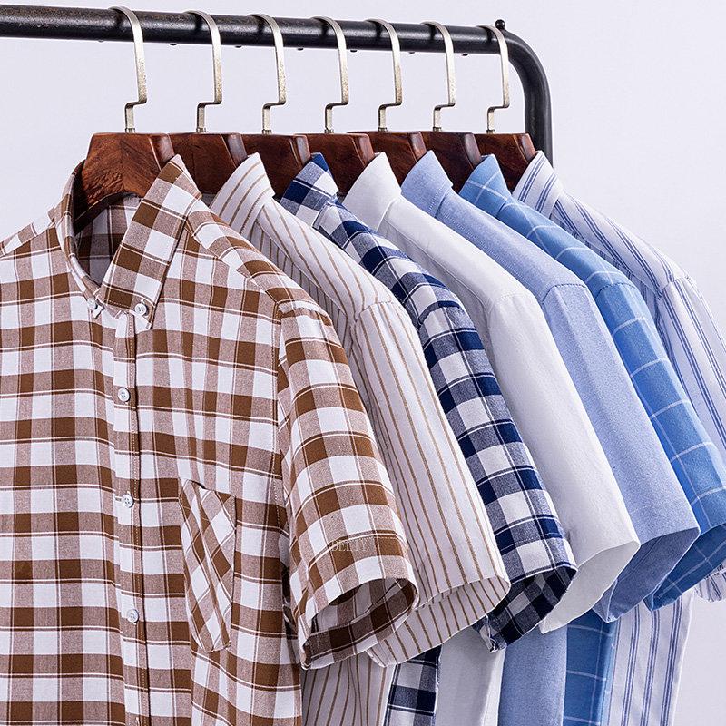 Men Oxford Short Sleeve Summer Plaid Shirts 100% Cotton Breathable  Striped Male Clothes Business Regular Fit Short Shirts