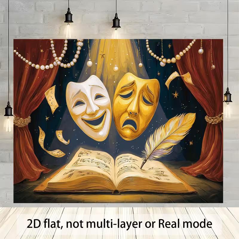 2D Comedy Tragedy Mask Photo Backdrop Theater Party Decor Cloth 47.2x31.5inch/120*80cm