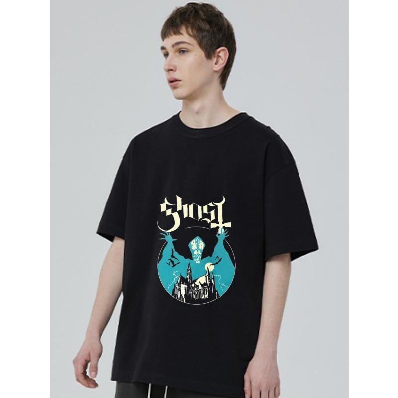 Black T-Shirt with Ghost Band Logo and Castle Design for Casual Wear